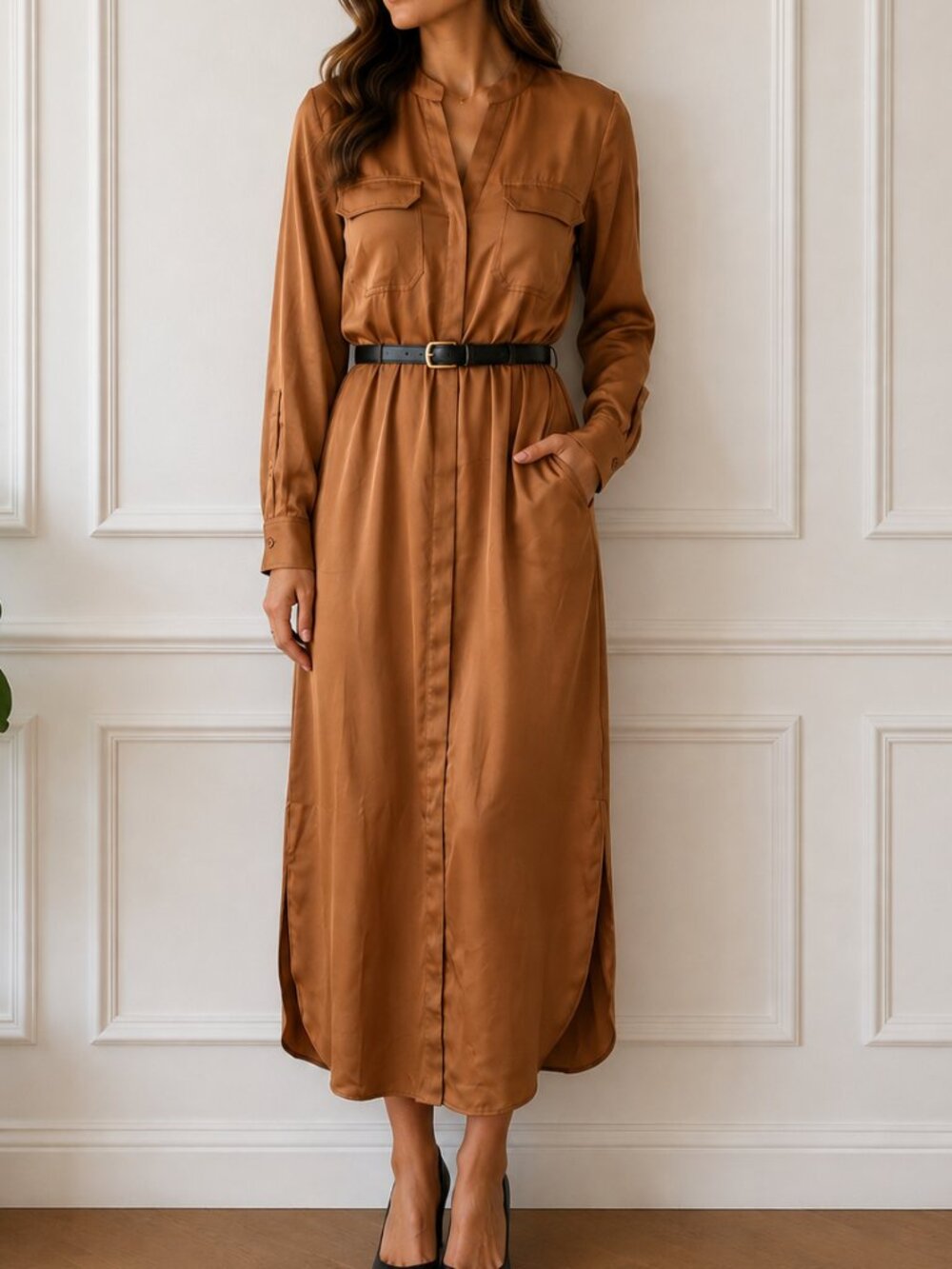 Brown Satin Shirt Dress, Midi, XS | Hidden Button | Cognac Brown | Long Sleeve
